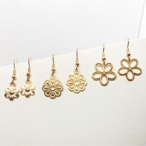Earrings Flowers Retro 60s 70s Floral  Gold Tone Boho Hippie Jewelry 3 Pack
